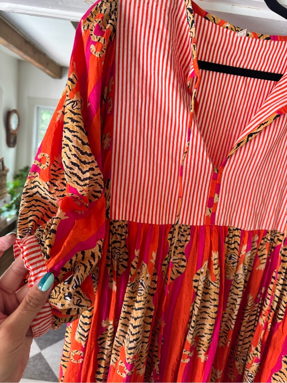 Bohemian Striped & Tiger Print Midi Dress in Orange and Pink - Picture 3 of 3